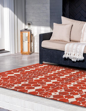 Rust Red 4' 1 x 6' 1 Outdoor Trellis Rectangle Area Rug Weather Resistant for Patio, Deck, Terrace, Balcony, Porch Geometric Design Water Safe Outside Carpet for Sale at Rug Engine