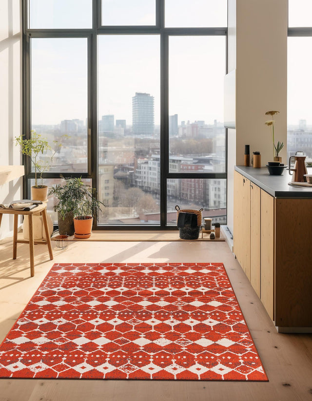 Rust Red 9' x 12' Outdoor Trellis Rectangle Area Rug Weather Resistant for Patio, Deck, Terrace, Balcony, Porch Geometric Design Water Safe Outside Carpet for Sale at Rug Engine