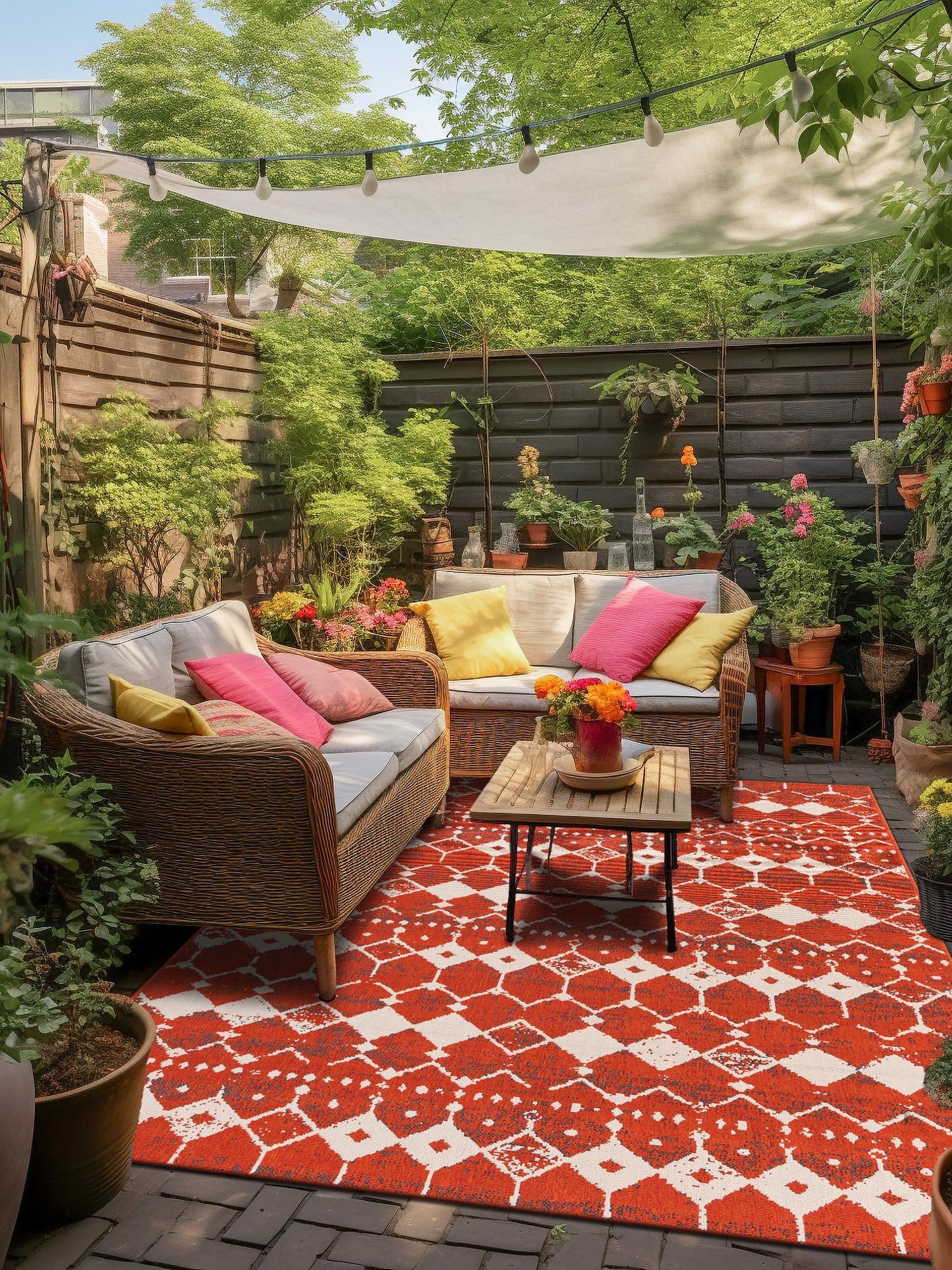 Rust Red 7' 10 x 10' Outdoor Trellis Rectangle Area Rug Weather Resistant for Patio, Deck, Terrace, Balcony, Porch Geometric Design Water Safe Outside Carpet for Sale at Rug Engine