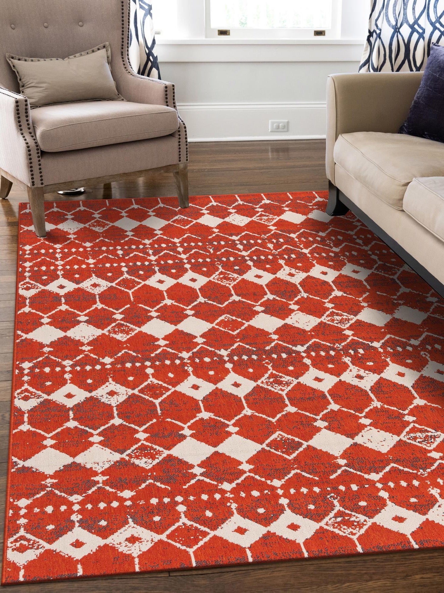 Rust Red 9' x 12' Outdoor Trellis Rectangle Area Rug Weather Resistant for Patio, Deck, Terrace, Balcony, Porch Geometric Design Water Safe Outside Carpet for Sale at Rug Engine