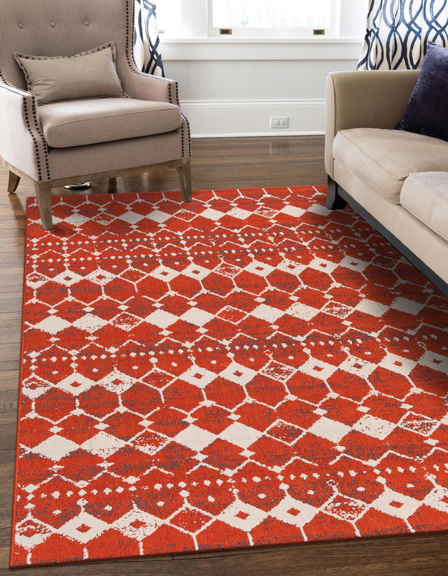 Rust Red 9' x 12' Outdoor Trellis Rectangle Area Rug Weather Resistant for Patio, Deck, Terrace, Balcony, Porch Geometric Design Water Safe Outside Carpet for Sale at Rug Engine