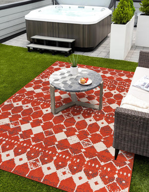Rust Red 9' x 12' Outdoor Trellis Rectangle Area Rug Weather Resistant for Patio, Deck, Terrace, Balcony, Porch Geometric Design Water Safe Outside Carpet for Sale at Rug Engine