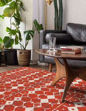 Rust Red 7' 10 x 10' Outdoor Trellis Rectangle Area Rug Weather Resistant for Patio, Deck, Terrace, Balcony, Porch Geometric Design Water Safe Outside Carpet for Sale at Rug Engine
