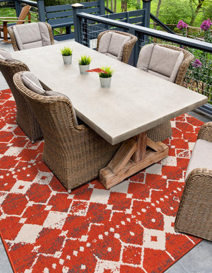 Rust Red 7' 10 x 10' Outdoor Trellis Rectangle Area Rug Weather Resistant for Patio, Deck, Terrace, Balcony, Porch Geometric Design Water Safe Outside Carpet for Sale at Rug Engine