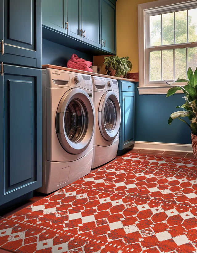 Rust Red 9' x 12' Outdoor Trellis Rectangle Area Rug Weather Resistant for Patio, Deck, Terrace, Balcony, Porch Geometric Design Water Safe Outside Carpet for Sale at Rug Engine