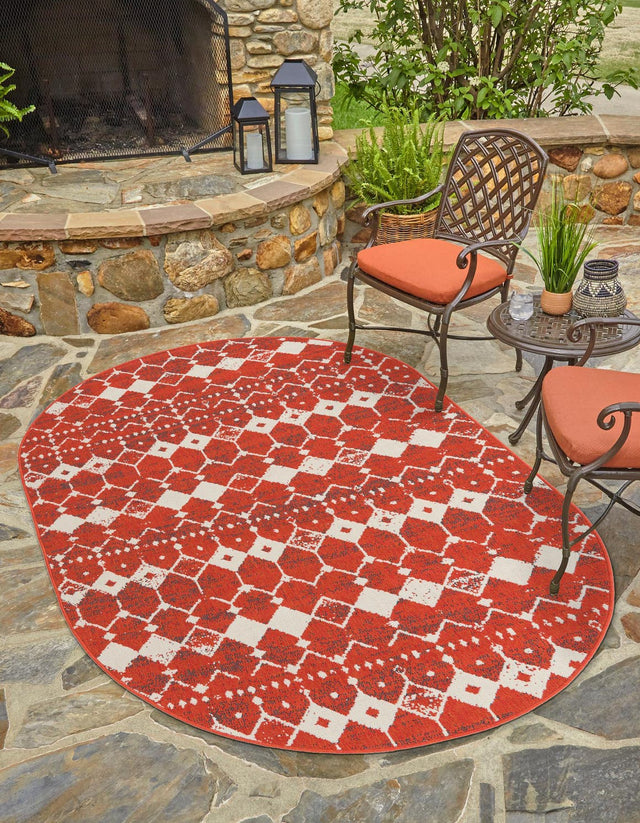 Rust Red 5' 3 x 8' Outdoor Trellis Oval Area Rug Weather Resistant for Patio, Deck, Terrace, Balcony, Porch Geometric Design Water Safe Outside Carpet for Sale at Rug Engine