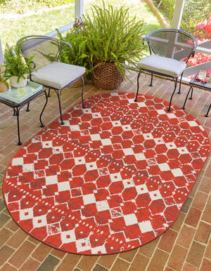 Rust Red 5' 3 x 8' Outdoor Trellis Oval Area Rug Weather Resistant for Patio, Deck, Terrace, Balcony, Porch Geometric Design Water Safe Outside Carpet for Sale at Rug Engine