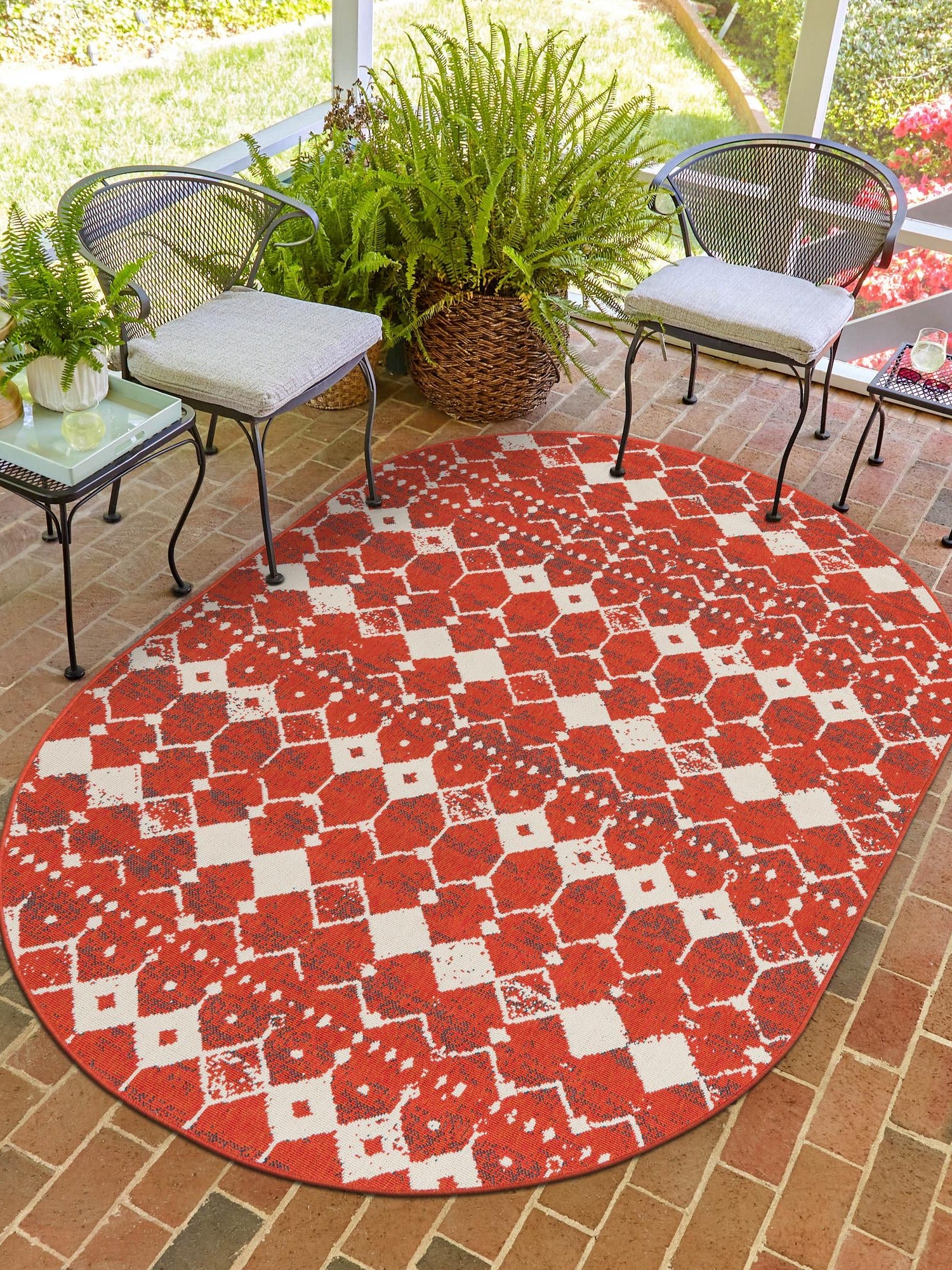 Rust Red 7' 10 x 10' Outdoor Trellis Oval Area Rug Weather Resistant for Patio, Deck, Terrace, Balcony, Porch Geometric Design Water Safe Outside Carpet for Sale at Rug Engine