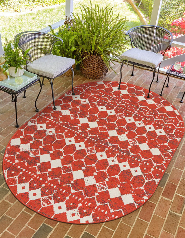 Rust Red 7' 10 x 10' Outdoor Trellis Oval Area Rug Weather Resistant for Patio, Deck, Terrace, Balcony, Porch Geometric Design Water Safe Outside Carpet for Sale at Rug Engine