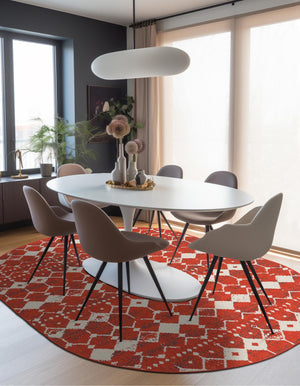 Rust Red 7' 10 x 10' Outdoor Trellis Oval Area Rug Weather Resistant for Patio, Deck, Terrace, Balcony, Porch Geometric Design Water Safe Outside Carpet for Sale at Rug Engine