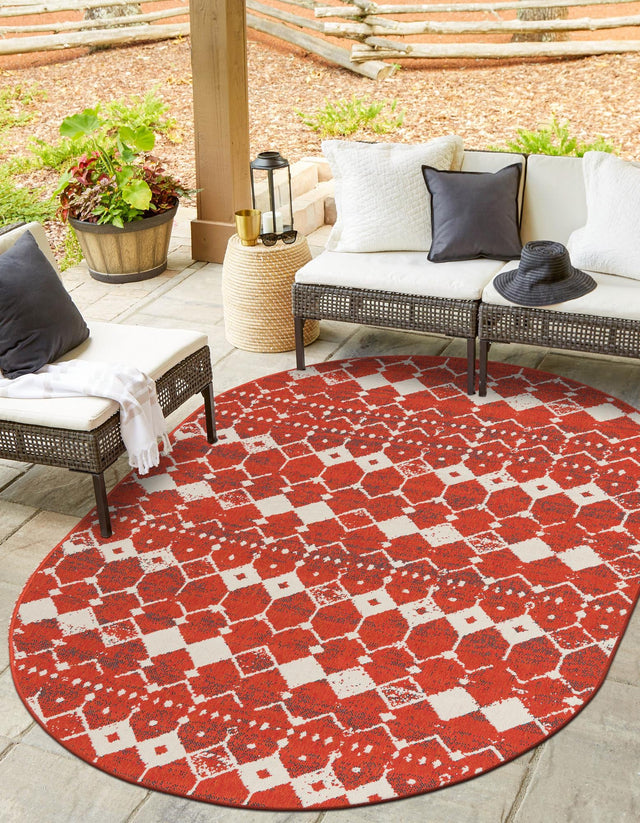 Rust Red 5' 3 x 8' Outdoor Trellis Oval Area Rug Weather Resistant for Patio, Deck, Terrace, Balcony, Porch Geometric Design Water Safe Outside Carpet for Sale at Rug Engine