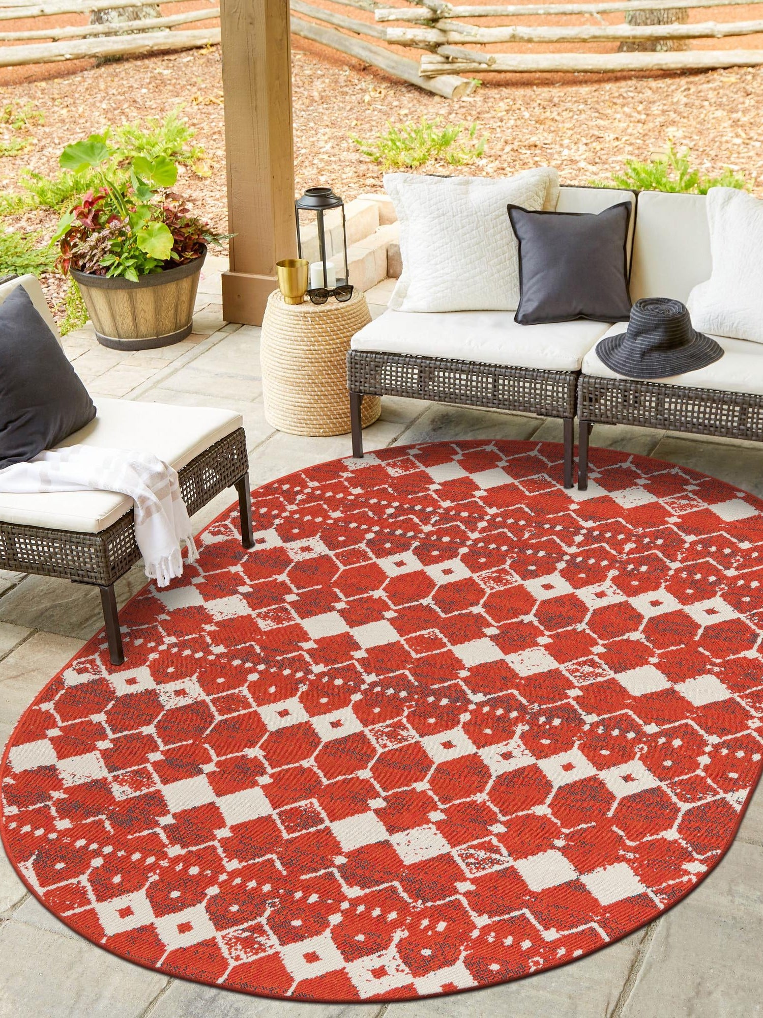 Rust Red 7' 10 x 10' Outdoor Trellis Oval Area Rug Weather Resistant for Patio, Deck, Terrace, Balcony, Porch Geometric Design Water Safe Outside Carpet for Sale at Rug Engine