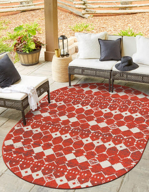 Rust Red 7' 10 x 10' Outdoor Trellis Oval Area Rug Weather Resistant for Patio, Deck, Terrace, Balcony, Porch Geometric Design Water Safe Outside Carpet for Sale at Rug Engine