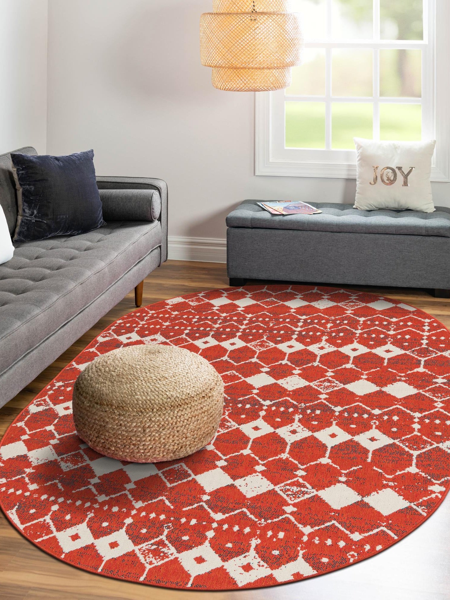 Rust Red 7' 10 x 10' Outdoor Trellis Oval Area Rug Weather Resistant for Patio, Deck, Terrace, Balcony, Porch Geometric Design Water Safe Outside Carpet for Sale at Rug Engine