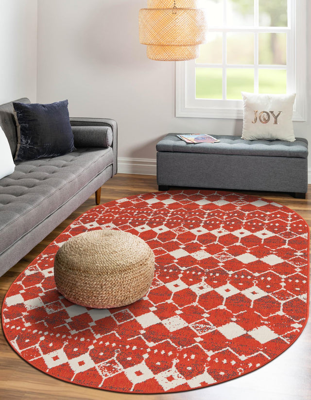 Rust Red 7' 10 x 10' Outdoor Trellis Oval Area Rug Weather Resistant for Patio, Deck, Terrace, Balcony, Porch Geometric Design Water Safe Outside Carpet for Sale at Rug Engine