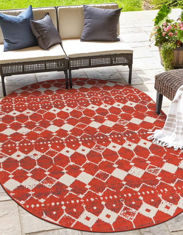 Rust Red 7' 10 x 10' Outdoor Trellis Oval Area Rug Weather Resistant for Patio, Deck, Terrace, Balcony, Porch Geometric Design Water Safe Outside Carpet for Sale at Rug Engine