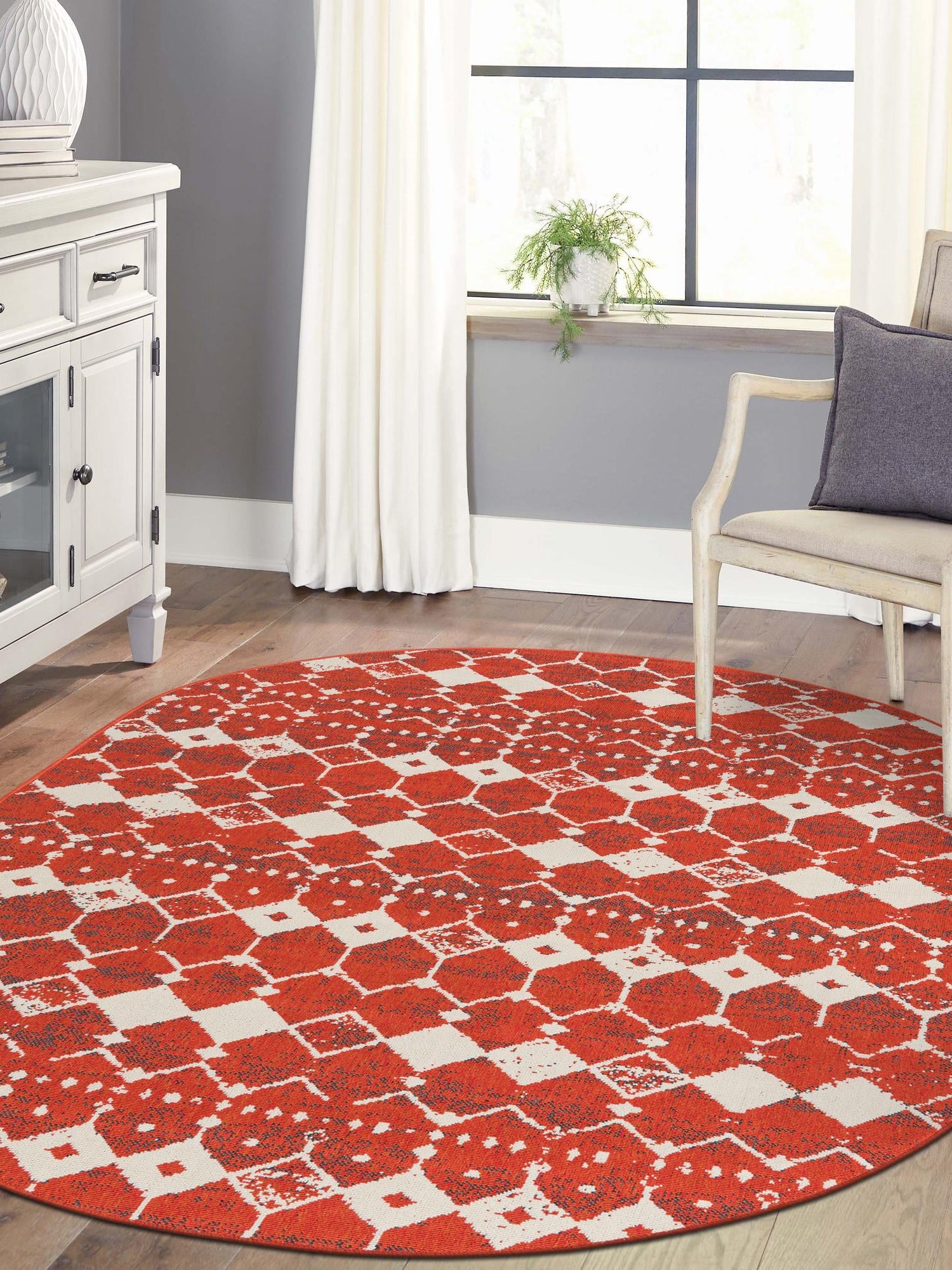 Rust Red 7' 10 x 10' Outdoor Trellis Oval Area Rug Weather Resistant for Patio, Deck, Terrace, Balcony, Porch Geometric Design Water Safe Outside Carpet for Sale at Rug Engine