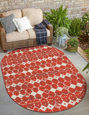 Rust Red 5' 3 x 8' Outdoor Trellis Oval Area Rug Weather Resistant for Patio, Deck, Terrace, Balcony, Porch Geometric Design Water Safe Outside Carpet for Sale at Rug Engine