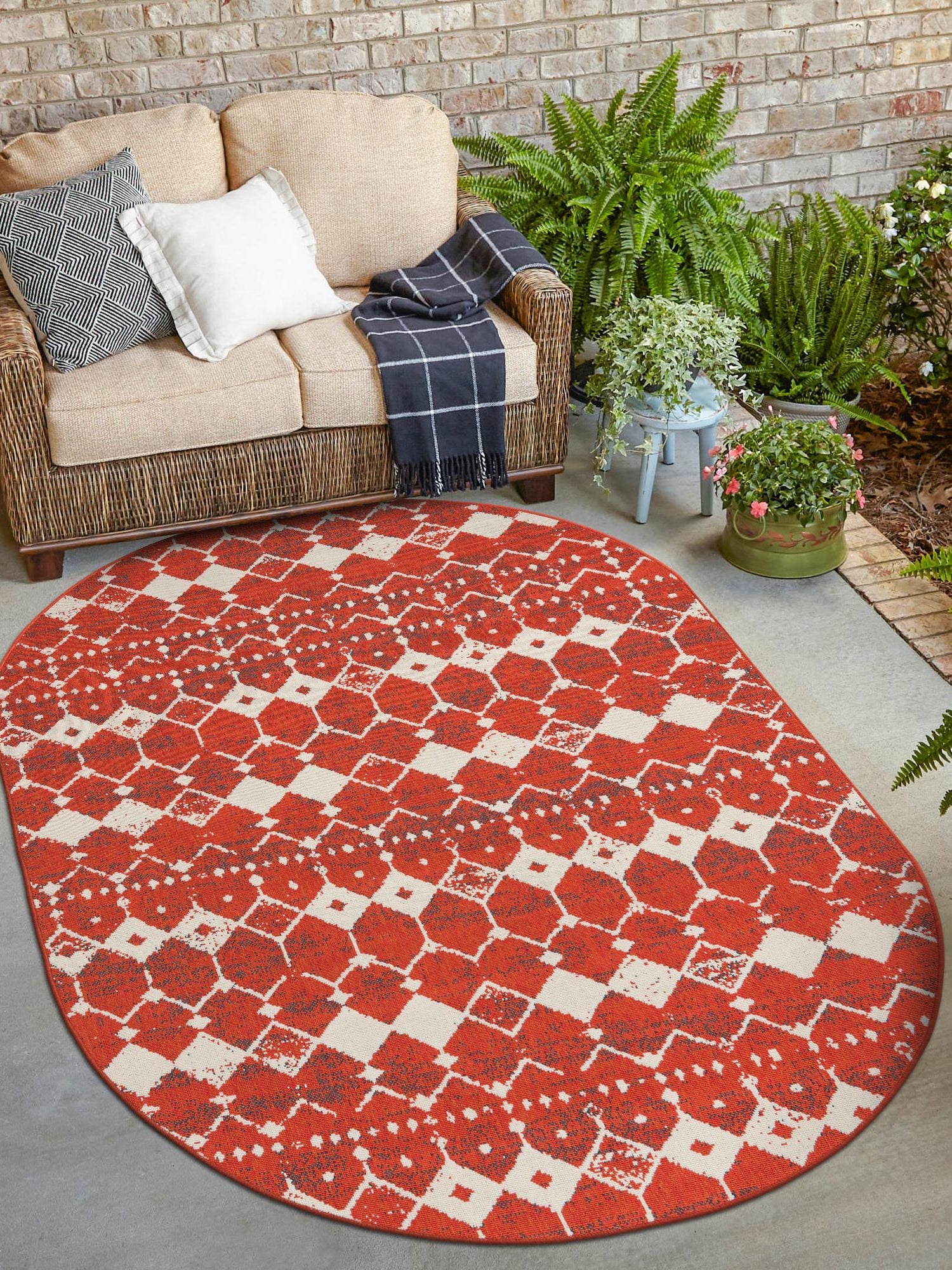 Rust Red 7' 10 x 10' Outdoor Trellis Oval Area Rug Weather Resistant for Patio, Deck, Terrace, Balcony, Porch Geometric Design Water Safe Outside Carpet for Sale at Rug Engine