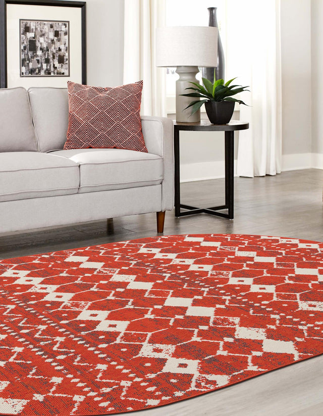 Rust Red 5' 3 x 8' Outdoor Trellis Oval Area Rug Weather Resistant for Patio, Deck, Terrace, Balcony, Porch Geometric Design Water Safe Outside Carpet for Sale at Rug Engine