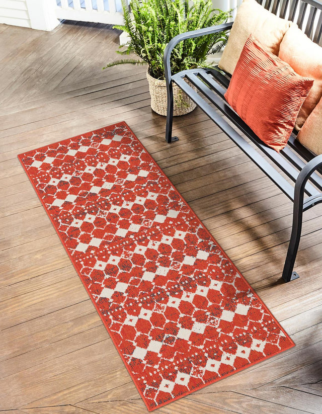 Rust Red 2' x 8' Outdoor Trellis Runner Area Rug Weather Resistant for Patio, Deck, Terrace, Balcony, Porch Geometric Design Water Safe Outside Carpet for Sale at Rug Engine