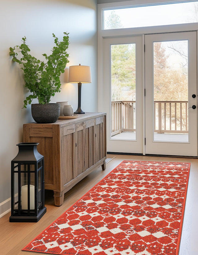 Rust Red 2' x 8' Outdoor Trellis Runner Area Rug Weather Resistant for Patio, Deck, Terrace, Balcony, Porch Geometric Design Water Safe Outside Carpet for Sale at Rug Engine