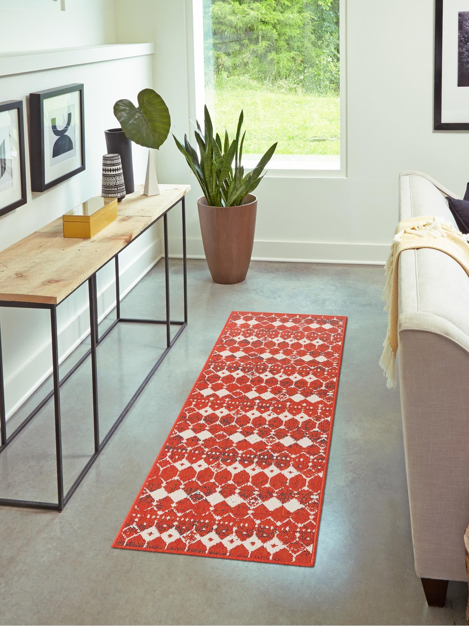 Rust Red 2' x 8' Outdoor Trellis Runner Area Rug Weather Resistant for Patio, Deck, Terrace, Balcony, Porch Geometric Design Water Safe Outside Carpet for Sale at Rug Engine