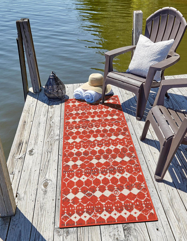 Rust Red 2' x 8' Outdoor Trellis Runner Area Rug Weather Resistant for Patio, Deck, Terrace, Balcony, Porch Geometric Design Water Safe Outside Carpet for Sale at Rug Engine