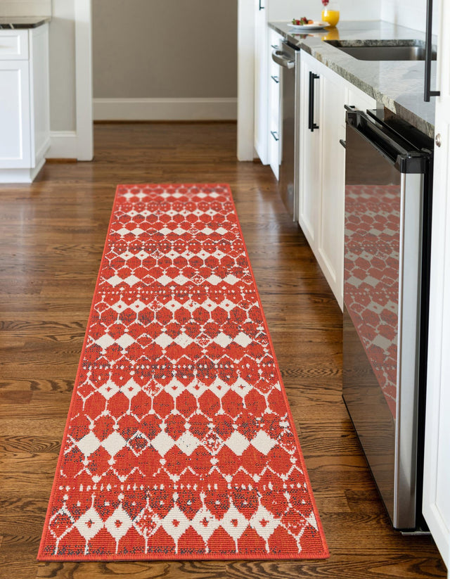 Rust Red 2' x 8' Outdoor Trellis Runner Area Rug Weather Resistant for Patio, Deck, Terrace, Balcony, Porch Geometric Design Water Safe Outside Carpet for Sale at Rug Engine