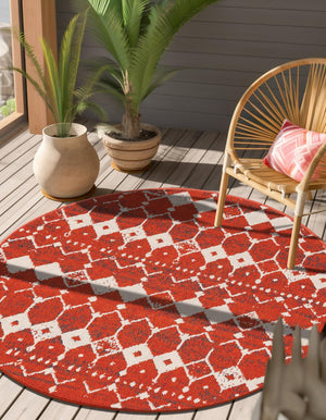 Rust Red 4' 1 x 4' 1 Outdoor Trellis Round Area Rug Weather Resistant for Patio, Deck, Terrace, Balcony, Porch Geometric Design Water Safe Outside Carpet for Sale at Rug Engine