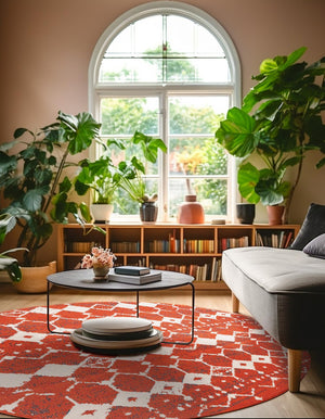Rust Red 4' 1 x 4' 1 Outdoor Trellis Round Area Rug Weather Resistant for Patio, Deck, Terrace, Balcony, Porch Geometric Design Water Safe Outside Carpet for Sale at Rug Engine