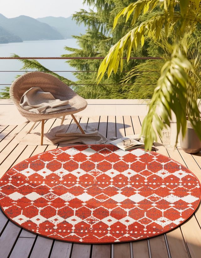 Rust Red 4' 1 x 4' 1 Outdoor Trellis Round Area Rug Weather Resistant for Patio, Deck, Terrace, Balcony, Porch Geometric Design Water Safe Outside Carpet for Sale at Rug Engine