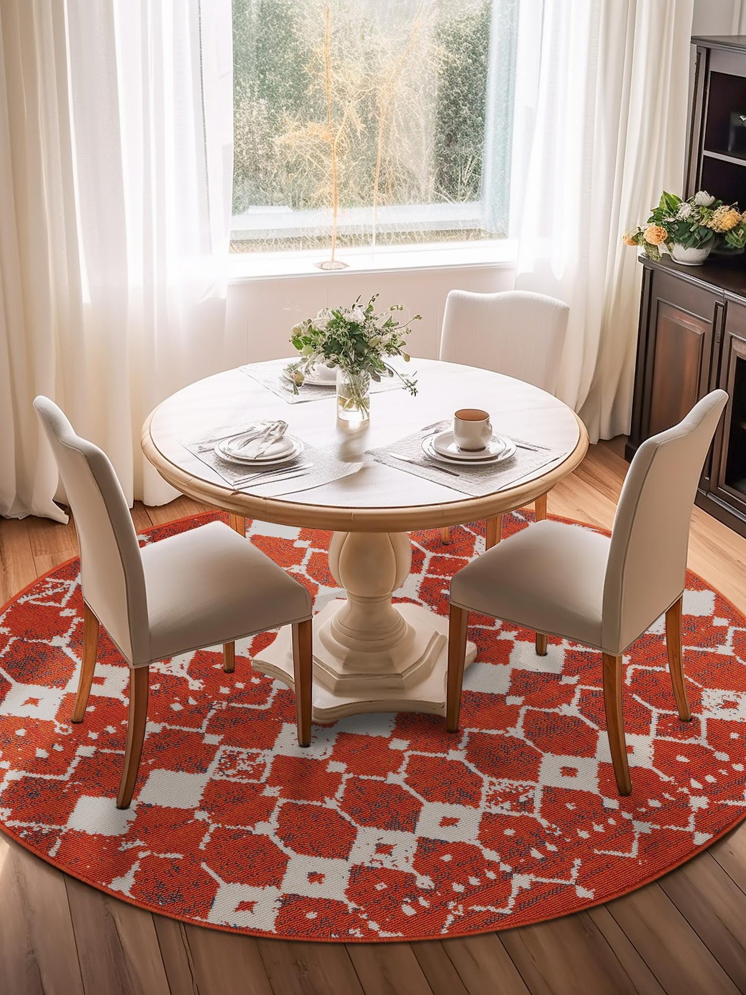 Rust Red 4' 1 x 4' 1 Outdoor Trellis Round Area Rug Weather Resistant for Patio, Deck, Terrace, Balcony, Porch Geometric Design Water Safe Outside Carpet for Sale at Rug Engine