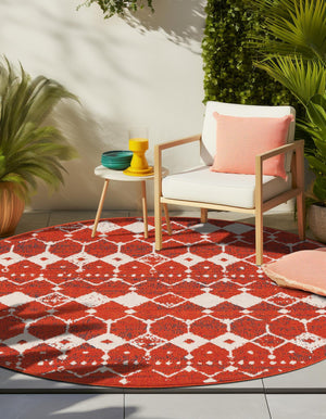 Rust Red 4' 1 x 4' 1 Outdoor Trellis Round Area Rug Weather Resistant for Patio, Deck, Terrace, Balcony, Porch Geometric Design Water Safe Outside Carpet for Sale at Rug Engine