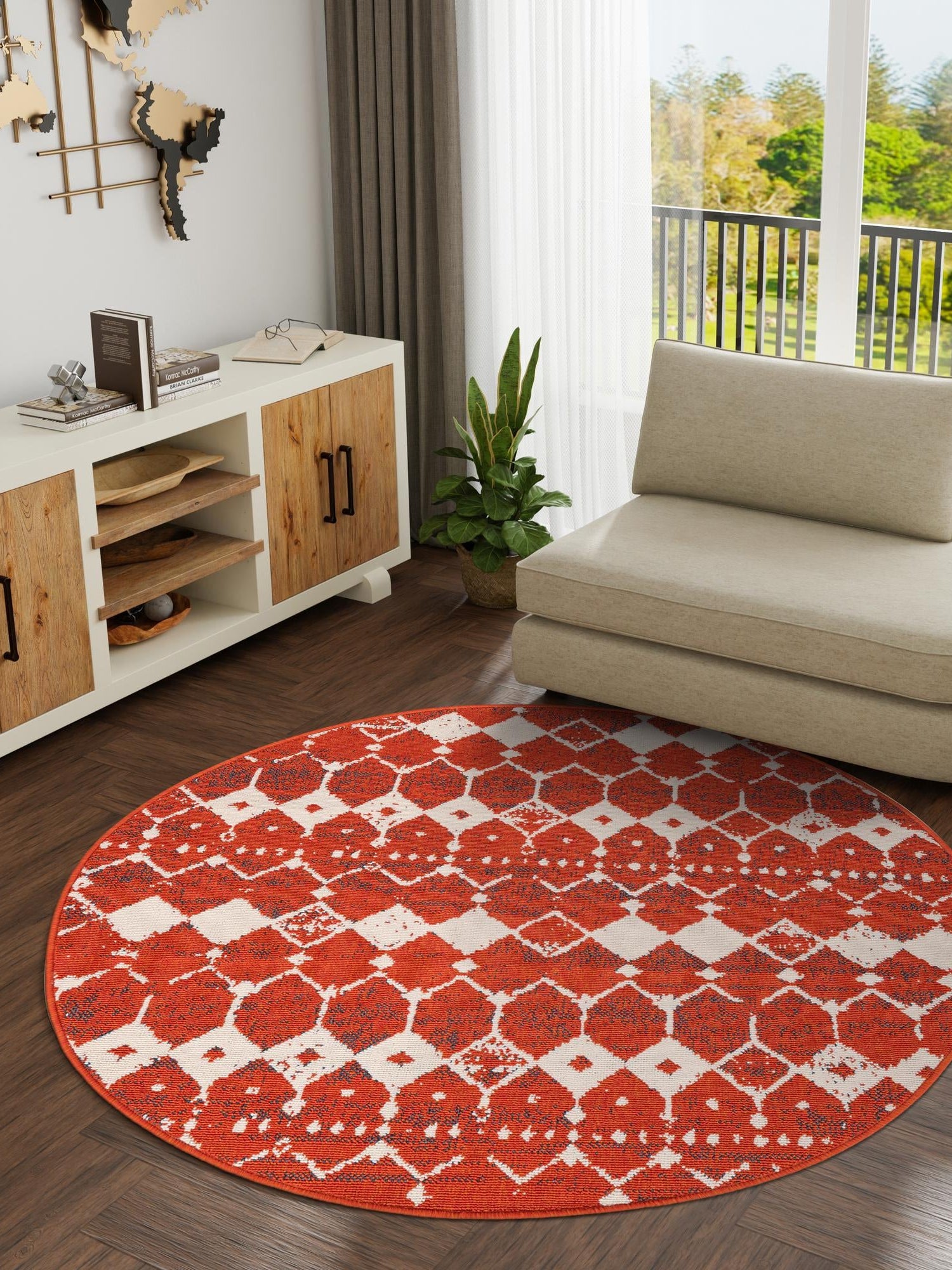 Rust Red 4' 1 x 4' 1 Outdoor Trellis Round Area Rug Weather Resistant for Patio, Deck, Terrace, Balcony, Porch Geometric Design Water Safe Outside Carpet for Sale at Rug Engine