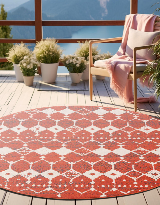 Rust Red 4' 1 x 4' 1 Outdoor Trellis Round Area Rug Weather Resistant for Patio, Deck, Terrace, Balcony, Porch Geometric Design Water Safe Outside Carpet for Sale at Rug Engine