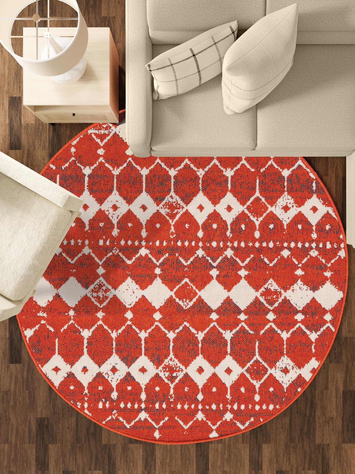 Rust Red 4' 1 x 4' 1 Outdoor Trellis Round Area Rug Weather Resistant for Patio, Deck, Terrace, Balcony, Porch Geometric Design Water Safe Outside Carpet for Sale at Rug Engine
