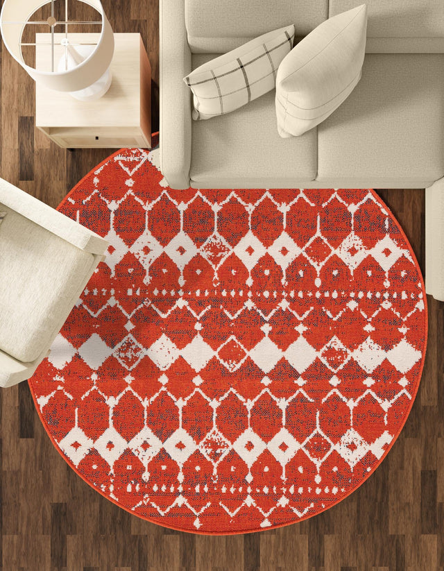 Rust Red 4' 1 x 4' 1 Outdoor Trellis Round Area Rug Weather Resistant for Patio, Deck, Terrace, Balcony, Porch Geometric Design Water Safe Outside Carpet for Sale at Rug Engine