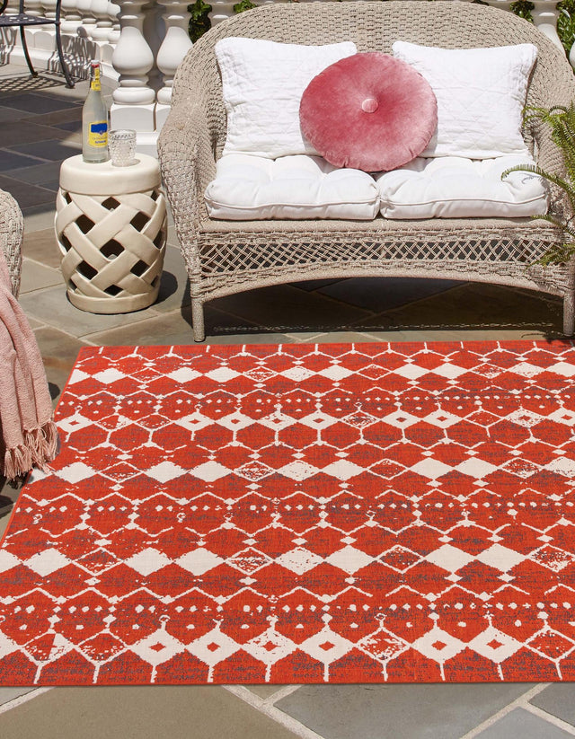 Rust Red 7' 10 x 7' 10 Outdoor Trellis Square Area Rug Weather Resistant for Patio, Deck, Terrace, Balcony, Porch Geometric Design Water Safe Outside Carpet for Sale at Rug Engine