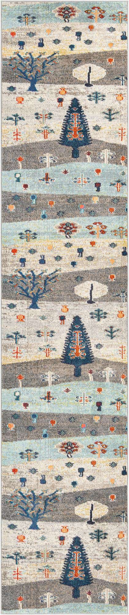 Ivory Gray Blue 2' 7 x 12' Vivid Runner Area Rug Colorful Modern Unique Indoor Easy Clean Durable Carpet Mat for Home Interior Design & Decor for Sale at Rug Engine
