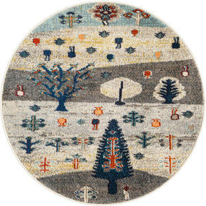 Ivory Gray Blue 3' 3 x 3' 3 Vivid Round Area Rug Colorful Modern Unique Indoor Easy Clean Durable Carpet Mat for Home Interior Design & Decor for Sale at Rug Engine