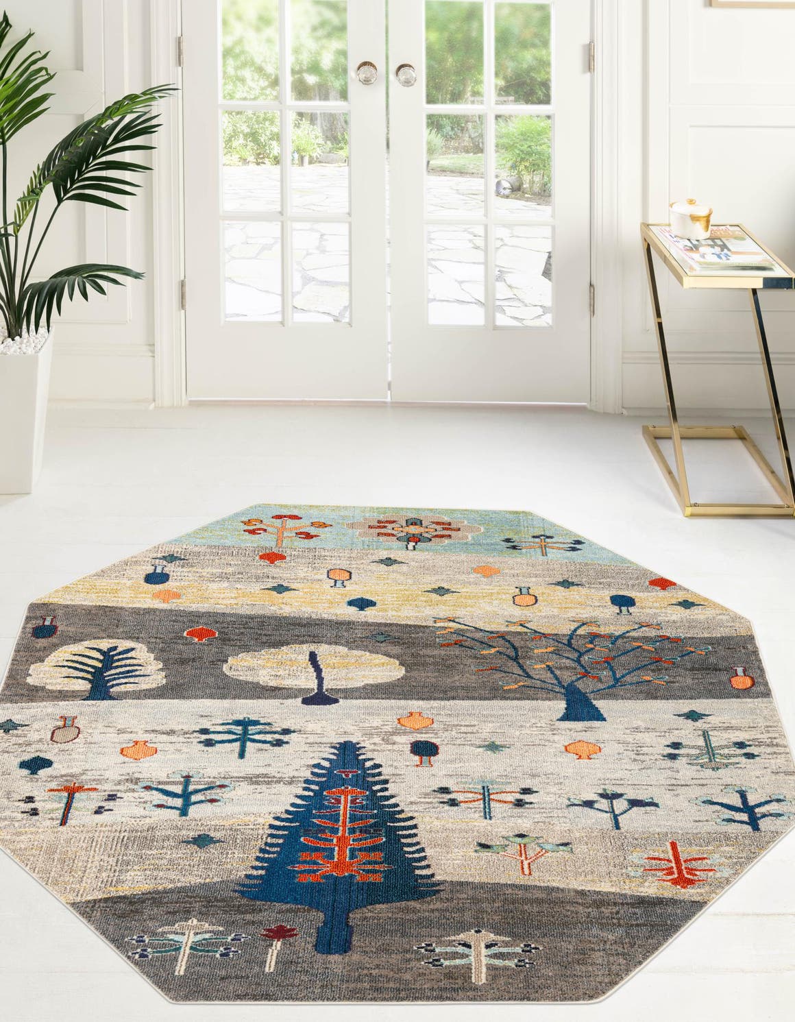 Ivory Gray Blue 7' 10 x 7' 10 Vivid Octagon Area Rug Colorful Modern Unique Indoor Easy Clean Durable Carpet Mat for Home Interior Design & Decor for Sale at Rug Engine