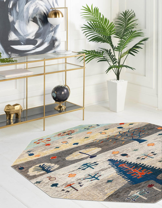 Ivory Gray Blue 7' 10 x 7' 10 Vivid Octagon Area Rug Colorful Modern Unique Indoor Easy Clean Durable Carpet Mat for Home Interior Design & Decor for Sale at Rug Engine