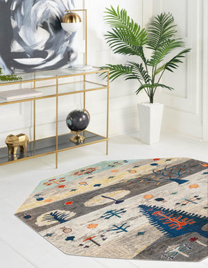 Ivory Gray Blue 5' 3 x 5' 3 Vivid Octagon Area Rug Colorful Modern Unique Indoor Easy Clean Durable Carpet Mat for Home Interior Design & Decor for Sale at Rug Engine