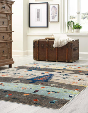 Ivory Gray Blue 6' 1 x 9' Vivid Rectangle Area Rug Colorful Modern Unique Indoor Easy Clean Durable Carpet Mat for Home Interior Design & Decor for Sale at Rug Engine