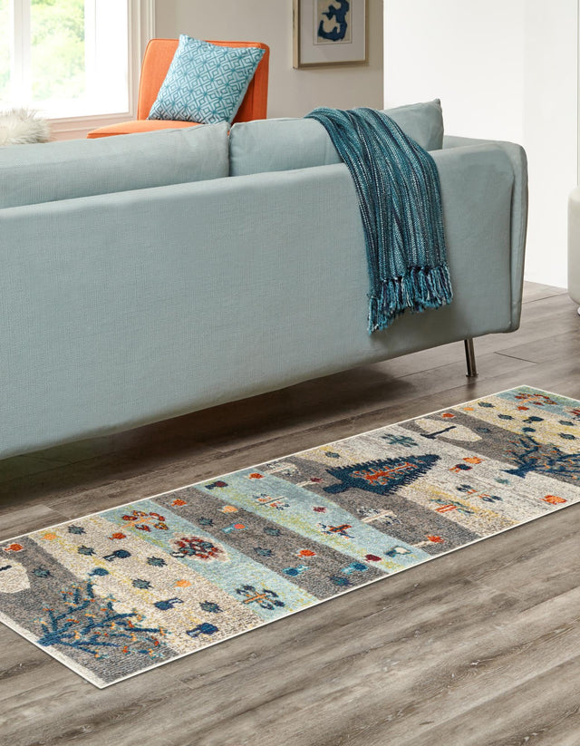 Ivory Gray Blue 2' x 6' 1 Vivid Runner Area Rug Colorful Modern Unique Indoor Easy Clean Durable Carpet Mat for Home Interior Design & Decor for Sale at Rug Engine