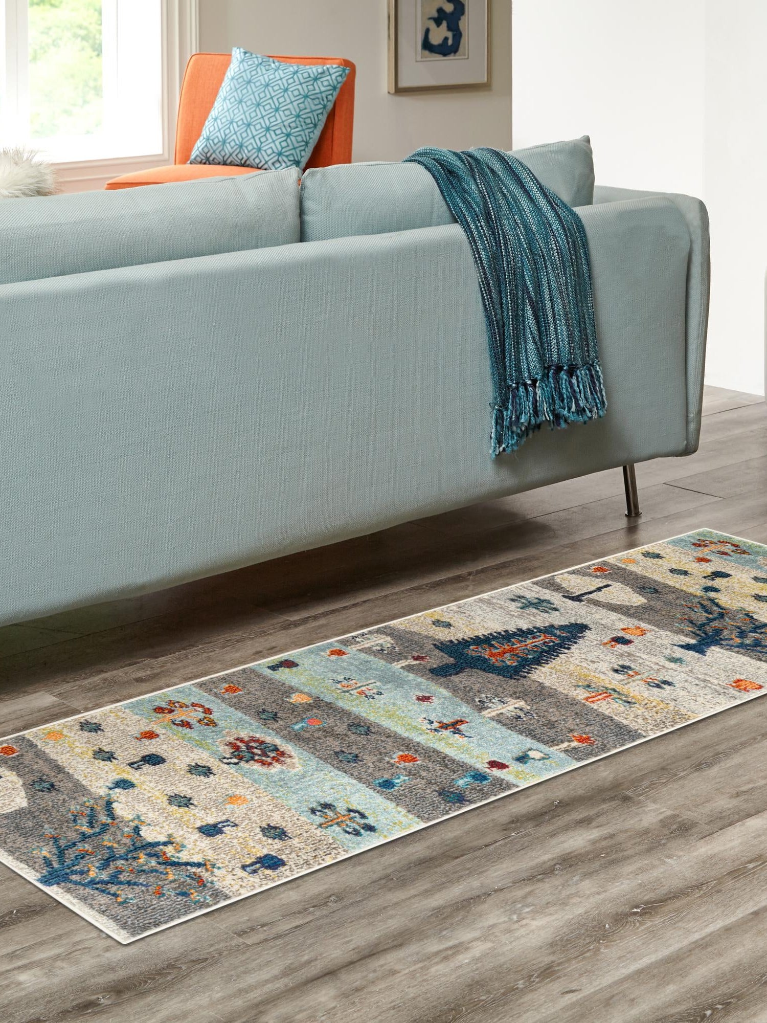 Ivory Gray Blue 2' x 8' Vivid Runner Area Rug Colorful Modern Unique Indoor Easy Clean Durable Carpet Mat for Home Interior Design & Decor for Sale at Rug Engine