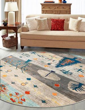 Ivory Gray Blue 7' 1 x 7' 1 Vivid Round Area Rug Colorful Modern Unique Indoor Easy Clean Durable Carpet Mat for Home Interior Design & Decor for Sale at Rug Engine