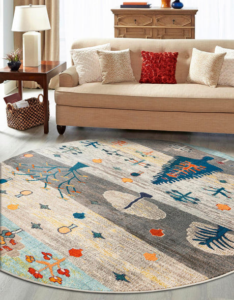 Ivory Gray Blue 7' 1 x 7' 1 Vivid Round Area Rug Colorful Modern Unique Indoor Easy Clean Durable Carpet Mat for Home Interior Design & Decor for Sale at Rug Engine