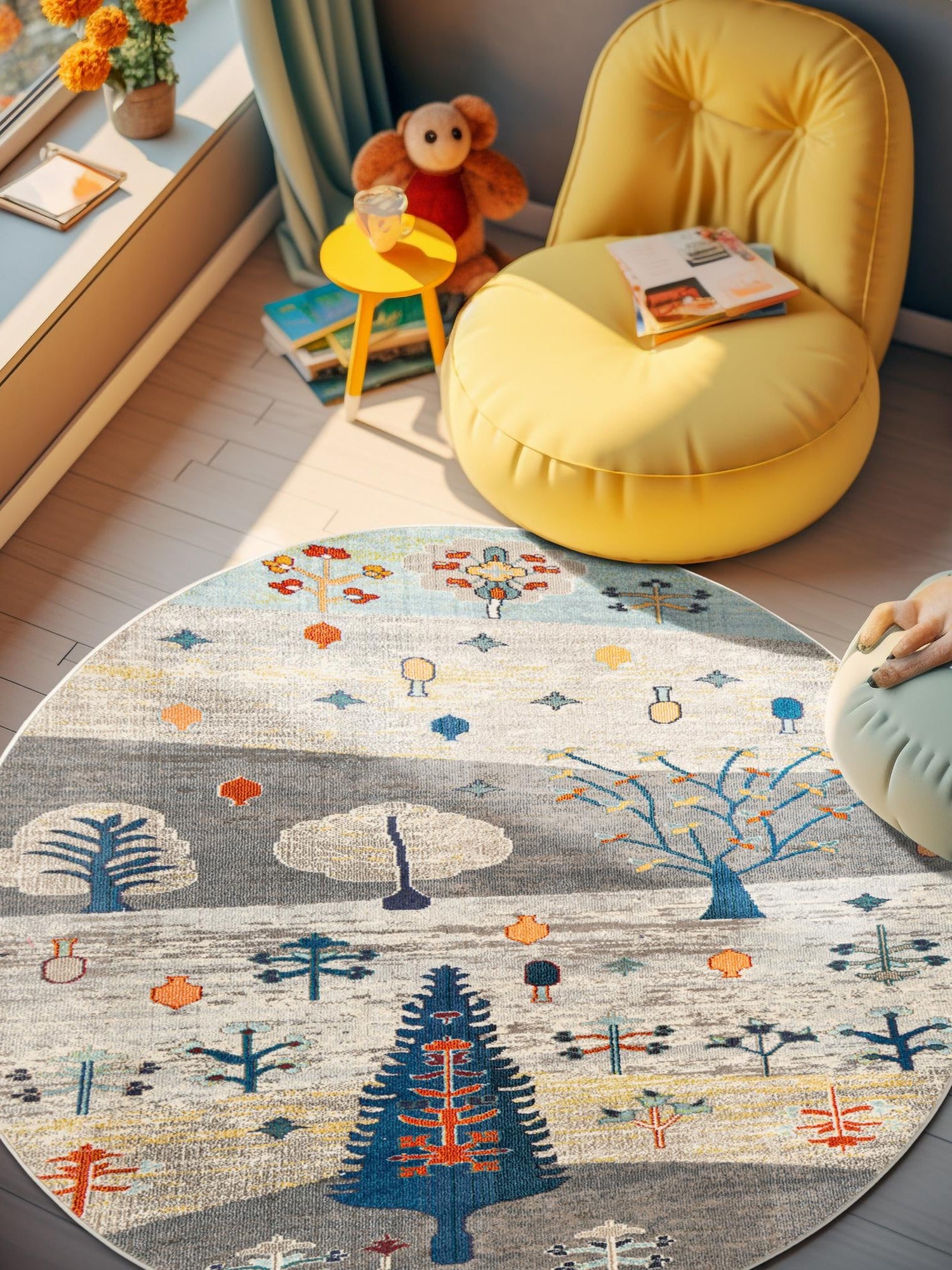 Ivory Gray Blue 3' 3 x 3' 3 Vivid Round Area Rug Colorful Modern Unique Indoor Easy Clean Durable Carpet Mat for Home Interior Design & Decor for Sale at Rug Engine